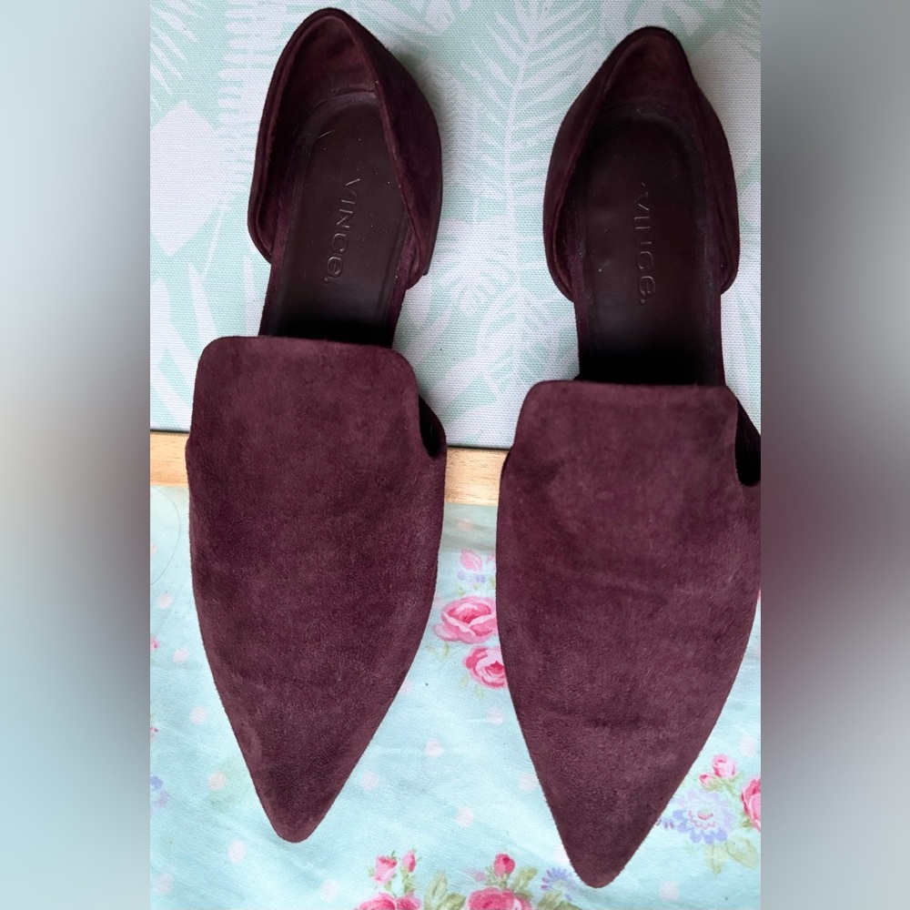 Vince Damris d'Orsay Suede Leather Flats Short Heels Pointed Toe Burgundy Size 5 - Picture 3 of 11